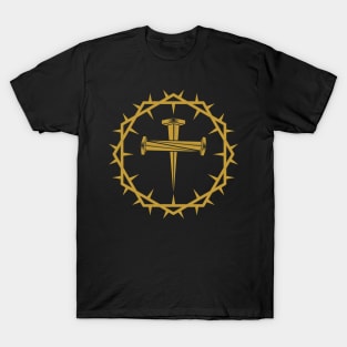 The cross of Jesus and the nails of the crucifix are framed with a crown of thorns. T-Shirt